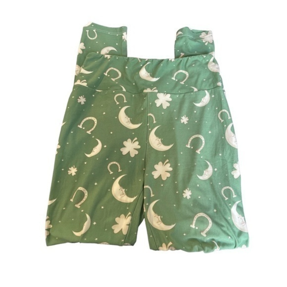 Lularoe Green Moon Clover Horseshoe Lucky Leggings One Size EUC #2469